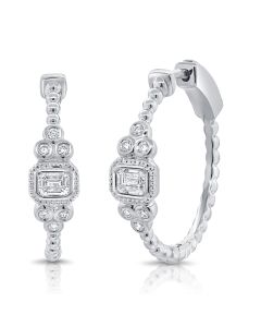 0.52CT EMERALD SHAPE AND ROUND DIAMOND BEZEL SET  BALL HOOP EARRINGS