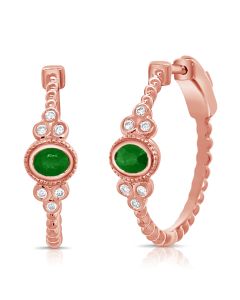 0.75CT EMERALD AND ROUND DIAMOND BEZEL SET BALL HUGGIE EARRINGS