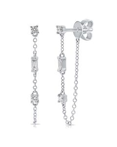 .23CT BAGUETTES AND DIAMOND STUD WITH CHAIN EARRINGS