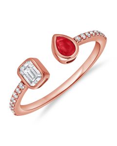 0.49CT RUBY, EMERALD SHAPE AND ROUND DIAMOND BEZEL SET WRAP RING