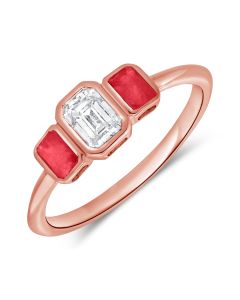 0.86CT RUBY AND EMERALD SHAPE DIAMOND BEZEL SET THREE STONE RING