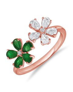 1.32CT EMERALD, PEAR SHAPE AND ROUND DIAMOND FLOWER WRAP RING