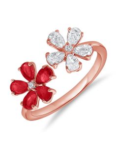 1.32CT RUBY, PEAR SHAPE AND ROUND DIAMOND FLOWER WRAP RING