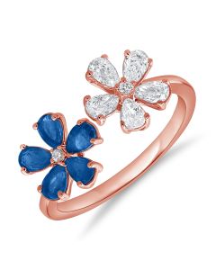 1.32CT SAPPHIRE, PEAR SHAPE AND ROUND DIAMOND FLOWER WRAP RING