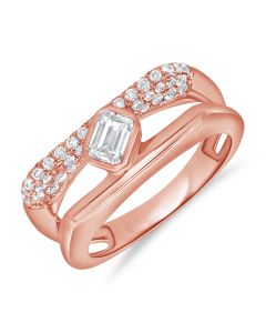 0.86CT EMERALD SHAPE AND ROUND DIAMOND BEZEL SET RING