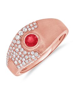 0.71CT RUBY AND ROUND DIAMOND BEZEL SET RING
