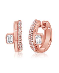 .74CT EMERALD SHAPE AND ROUND DIAMOND BEZEL HUGGIE EARRINGS