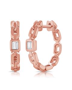 .08CT BAGUETTE DIAMOND BEZEL SET PAPERCLIP LINK HUGGIE EARRINGS