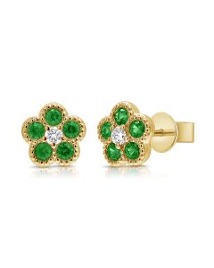 0.42CT EMERALD AND DIAMOND FLOWER STUD EARRINGS