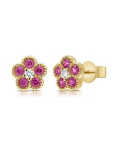 0.42CT PINK SAPPHIRE AND DIAMOND FLOWER STUD EARRINGS