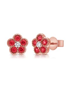 0.42CT RUBY AND DIAMOND FLOWER STUD EARRINGS