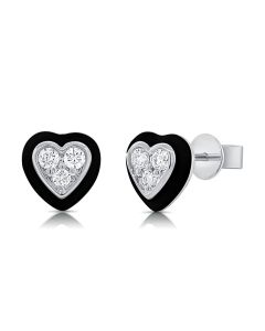 .19CT BLACK ENAMEL AND DIAMOND HEART STUD EARRINGS