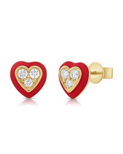.19CT RED ENAMEL AND DIAMOND HEART STUD EARRINGS
