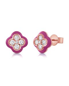 .30CT PINK ENAMEL AND DIAMOND CLOVER STUD EARRINGS
