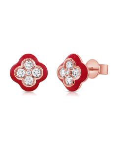 .30CT RED ENAMEL AND DIAMOND CLOVER STUD EARRINGS