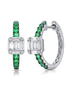 .69CT EMERALD, BAGUETTES AND ROUND DIAMOND HUGGIE EARRINGS