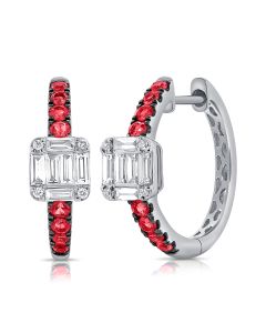 .77CT RUBY, BAGUETTES AND ROUND DIAMOND HUGGIE EARRINGS