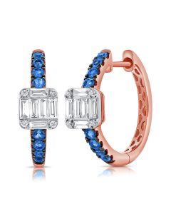 .76CT SAPPHIRE, BAGUETTES AND ROUND DIAMOND HUGGIE EARRINGS