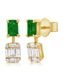 1.56CT EMERALD, BAGUETTES AND ROUND DIAMOND  DROP EARRINGS