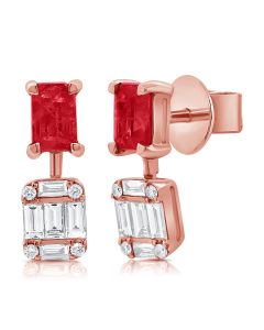 1.87CT RUBY, BAGUETTES AND ROUND DIAMOND  DROP EARRINGS