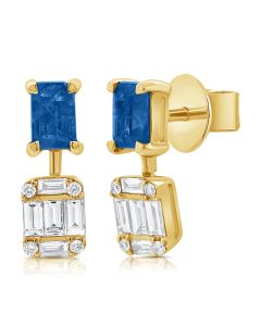 1.91CT SAPPHIRE, BAGUETTES AND ROUND DIAMOND DROP EARRINGS