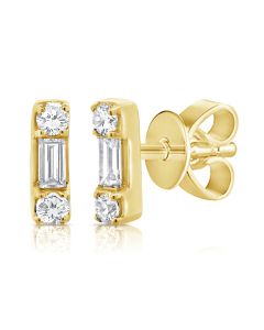 .12CT BAGUETTES AND ROUND DIAMOND BAR STUD EARRINGS