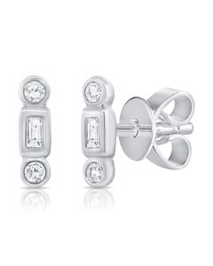 .07CT BAGUETTES AND ROUND DIAMOND BEZEL SET STUD EARRINGS