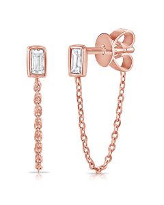 .12CT BAGUETTE DIAMOND SOLITAIRE BEZEL SET STUD WITH CHAIN EARRINGS