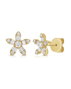 0.31CT BAGUETTES AND ROUND DIAMOND FLOWER STUD EARRINGS