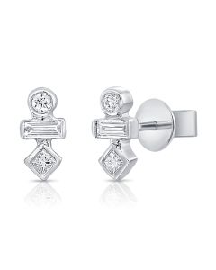 .21CT PRINCESS SHAPE, BAGUETTES AND ROUND DIAMOND BEZEL STUD EARRINGS