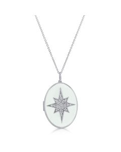 .14CT WHITE ENAMEL AND DIAMOND STARBURST LOCKET NECKLACE