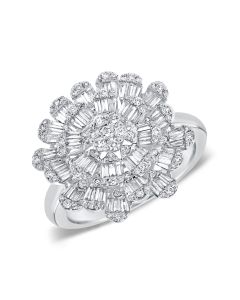 .98CT BAGUETTES AND ROUND DIAMOND FLOWER COCKTAIL RING