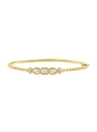 0.63CT PEAR SHAPE, EMERALD SHAPE AND ROUND DIAMOND BEZE SET BALL BANGLE