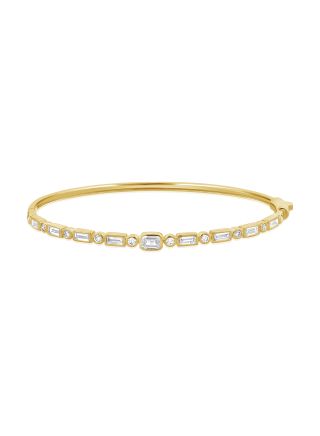 1.42CT EMERALD SHAPE, BAGUETTES AND ROUND DIAMOND BEZEL SET BANGLE