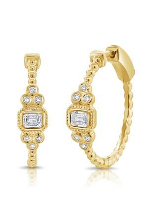 0.52CT EMERALD SHAPE AND ROUND DIAMOND BEZEL SET  BALL HOOP EARRINGS