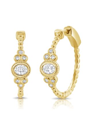 0.13CT OVAL SHAPE AND ROUND DIAMOND BEZEL SET BALL HOOP EARRINGS