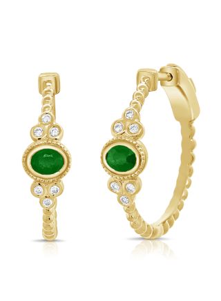 0.75CT EMERALD AND ROUND DIAMOND BEZEL SET BALL HUGGIE EARRINGS