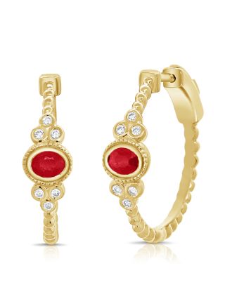0.75CT RUBY AND ROUND DIAMOND BEZEL SET BALL HUGGIE EARRINGS