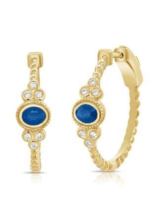 0.75CT SAPPHIRE AND ROUND DIAMOND BEZEL SET BALL HUGGIE EARRINGS