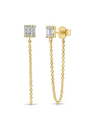.23CT BAGUETTES AND ROUND DIAMOND STUD WITH CHAIN EARRINGS