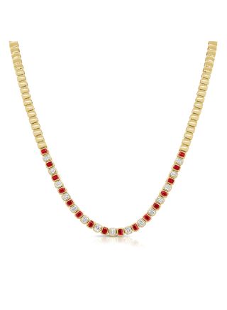 3.37CT RUBY AND EMERALD SHAPE DIAMOND BEZEL SET TENNIS NECKLACE
