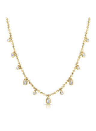 1.13CT EMERALD SHAPE AND ROUND DIAMOND BEZEL SET STATION BALL NECKLACE