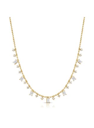 2.03CT EMERALD SHAPE AND ROUND DIAMOND STATION BALL NECKLACE
