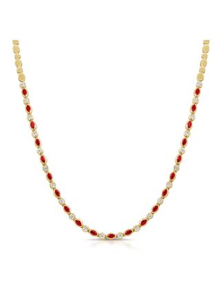 3.12CT RUBY AND ROUND DIAMOND BEZEL SET TENNIS NECKLACE