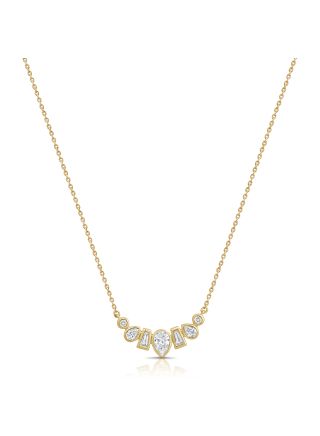 0.62CT PEAR SHAPE, BAGUETTES AND ROUND DIAMOND BEZEL PENDANT NECKLACE