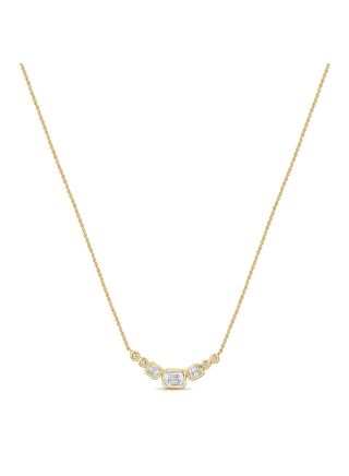 0.58CT EMERALD SHAPE AND ROUND DIAMOND BEZEL SET STATION NECKLACE