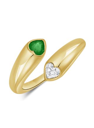 0.52CT EMERALD AND HEART SHAPE DIAMOND BEZEL SET WRAP RING