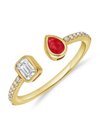 0.49CT RUBY, EMERALD SHAPE AND ROUND DIAMOND BEZEL SET WRAP RING