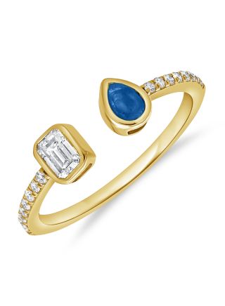 0.49CT SAPPHIRE, EMERALD SHAPE AND ROUND DIAMOND BEZEL SET WRAP RING