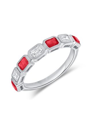 1.19CT RUBY AND EMERALD SHAPE DIAMOND BEZEL SET HALFWAY RING